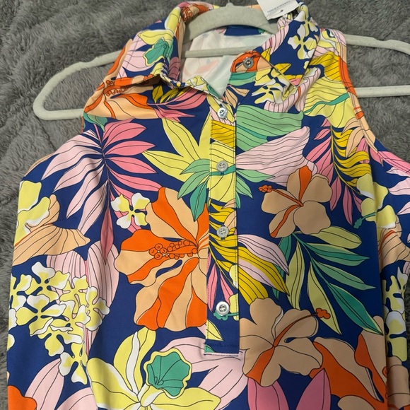 J. McLaughlin Medium Sleeveless Dolly Dress Blue/Multi Hibiscus Frond - Picture 2 of 6